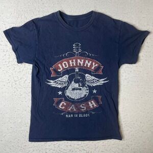 Johnny Cash Graphic T-Shirt Mens Small Blue Man In Black Guitar Wings Crew Neck